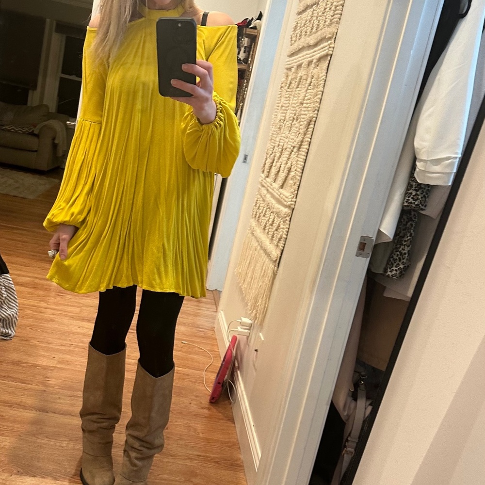 Free People Drift Away Yellow Cold Shoulder Mini Dress